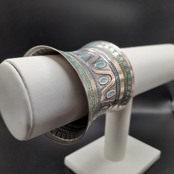 Vintage Turquoise Enamel Curved Cuff Bracelet, 2 1/2 In Wide, Silver Tone - Picture 7 of 10